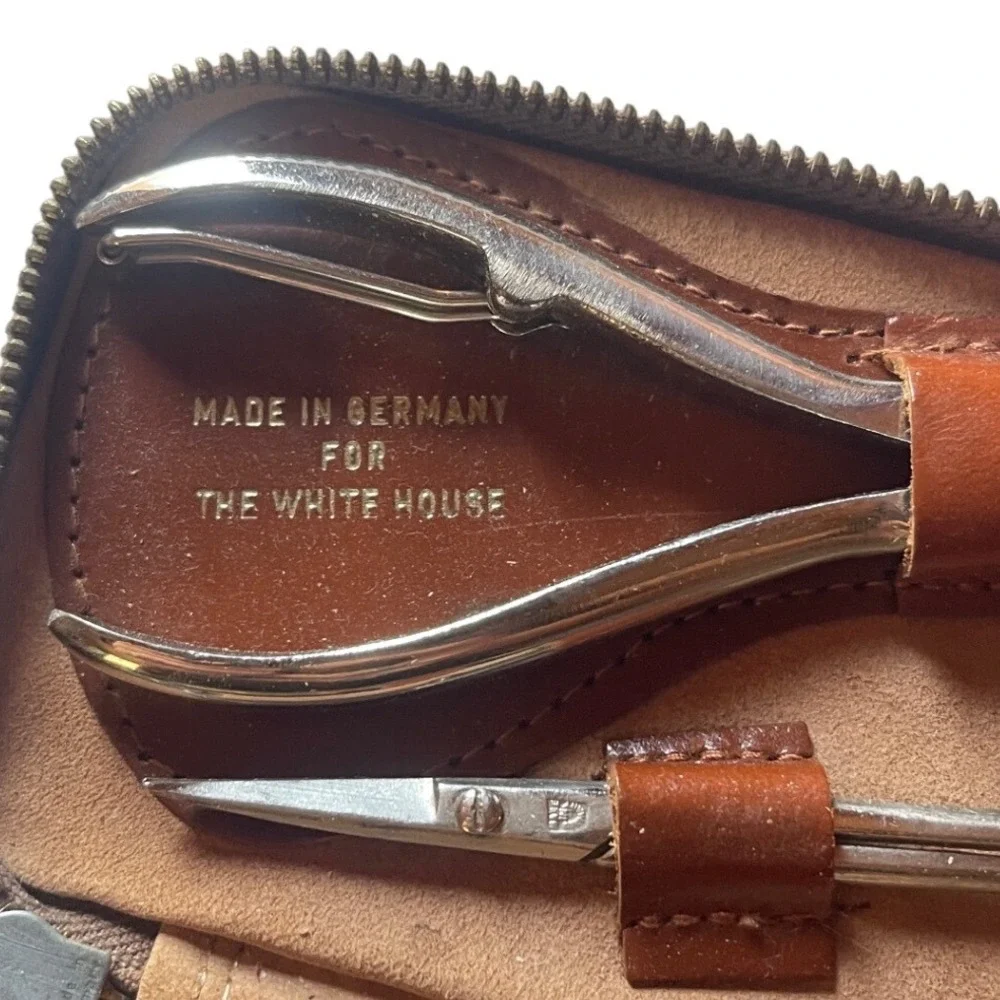 Vintage White House Grooming Kit Made in Germany Brown Leather Zipper Case Set